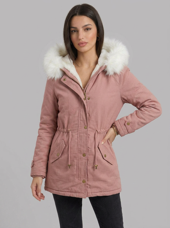 Evie | Women's Snow Jacket Long Hooded Fur Trim Belted