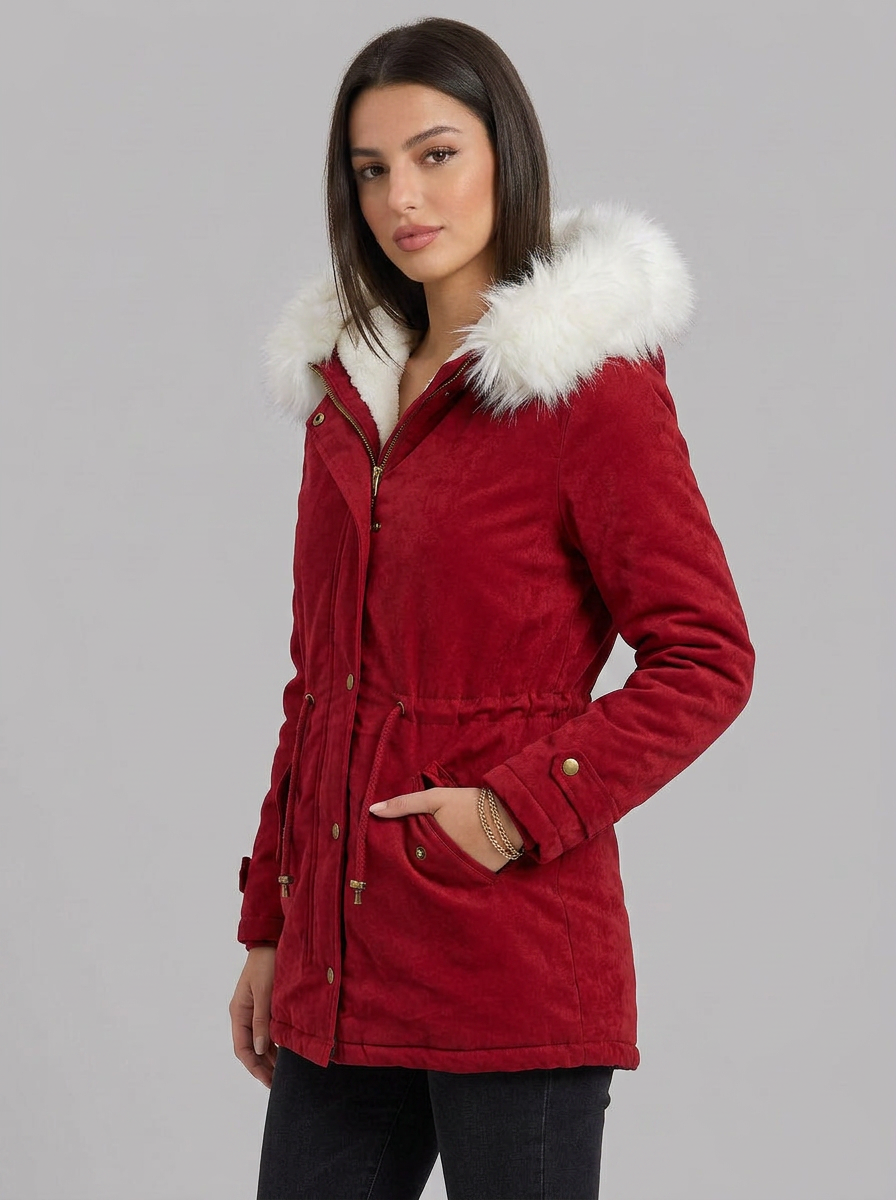Evie | Women's Snow Jacket Long Hooded Fur Trim Belted