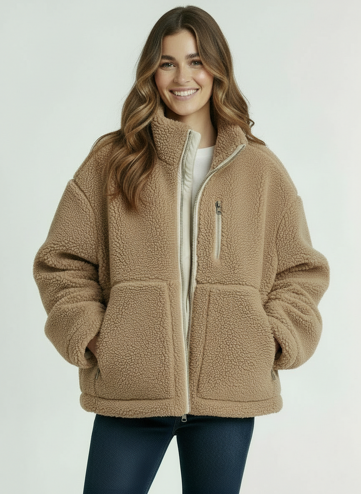 Faye | Women's Beige Oversized Zip Up Teddy Fleece Jacket