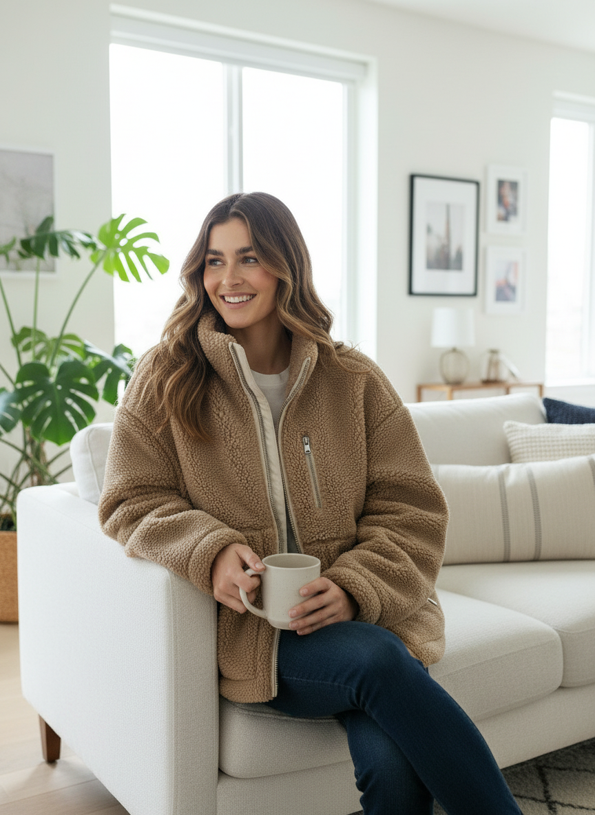 Faye | Women's Beige Oversized Zip Up Teddy Fleece Jacket 1