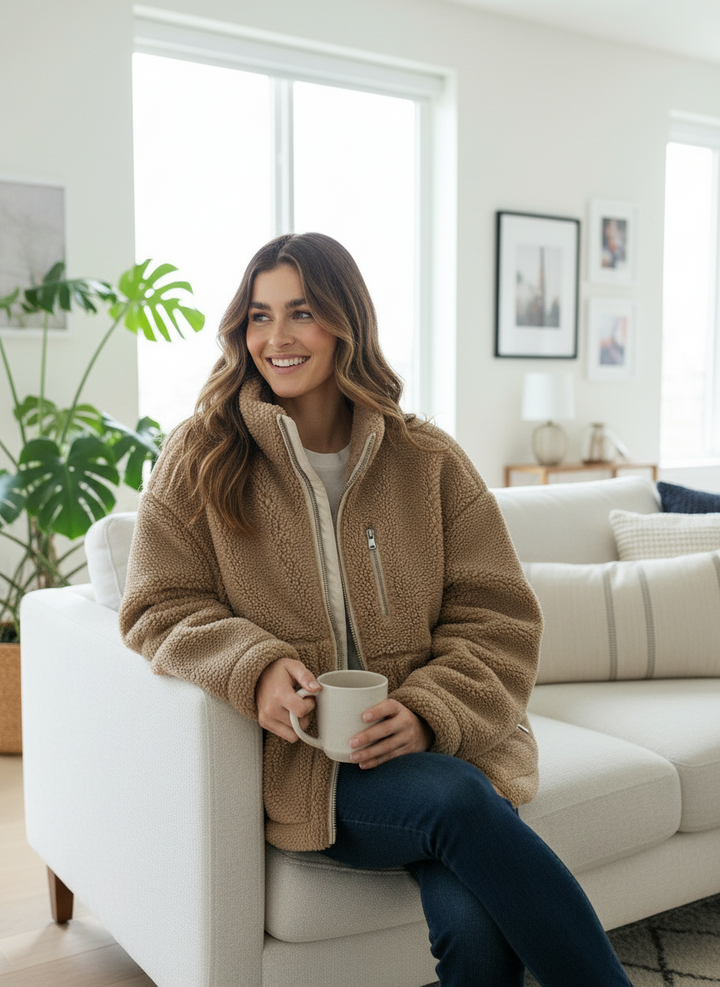 Faye | Women's Beige Oversized Zip Up Teddy Fleece Jacket 1