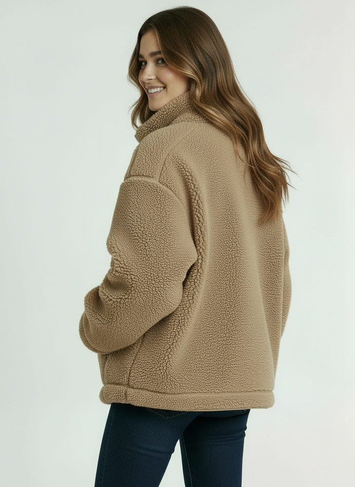Faye | Women's Beige Oversized Zip Up Teddy Fleece Jacket 2