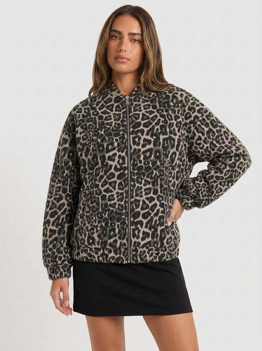 Frankie | Leopard Print Oversized Zip Up Bomber Jacket