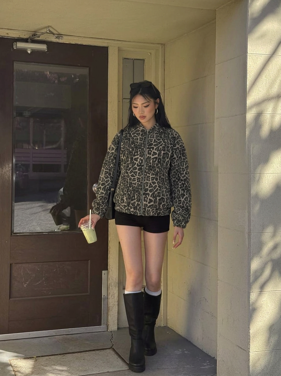 Frankie | Leopard Print Oversized Zip Up Bomber Jacket