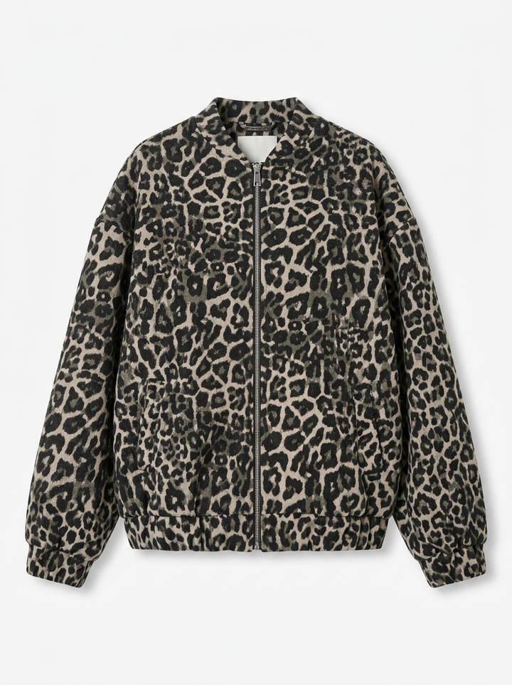 Frankie | Leopard Print Oversized Zip Up Bomber Jacket