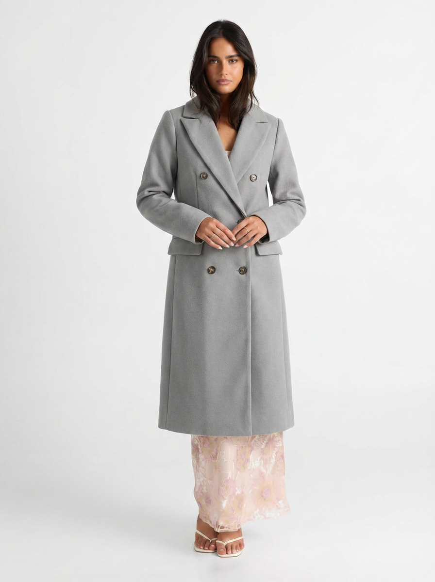 Greta | Women's Gray Notch Lapel Double Breasted Longline Coat
