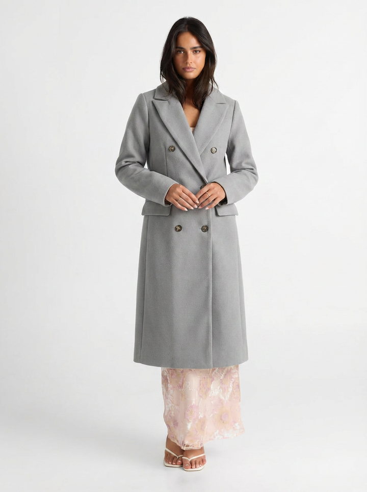 Greta | Women's Gray Notch Lapel Double Breasted Longline Coat