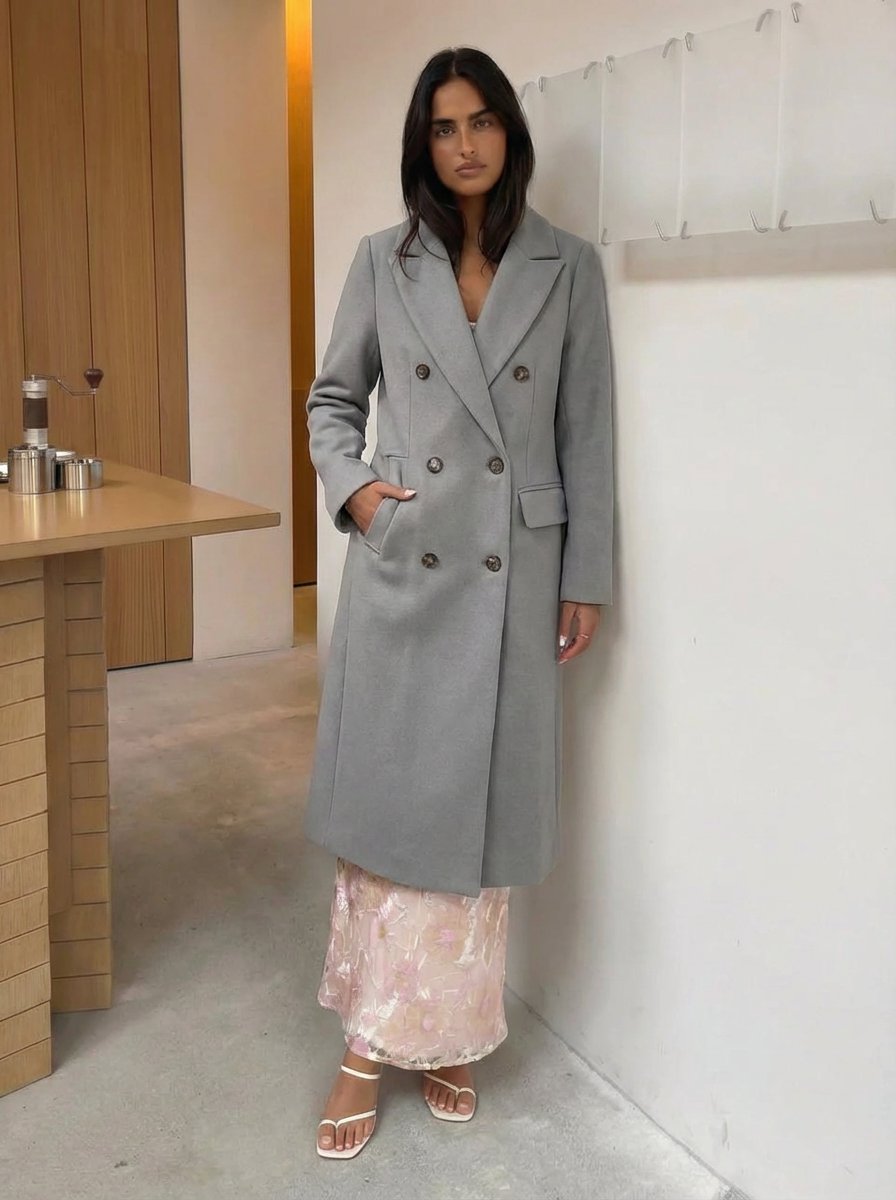 Greta | Women's Gray Notch Lapel Double Breasted Longline Coat 1