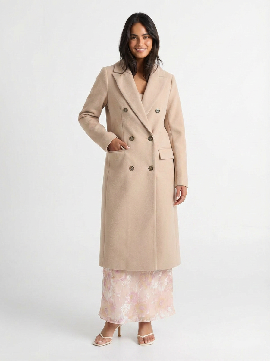 Greta | Women's Gray Notch Lapel Double Breasted Longline Coat 4
