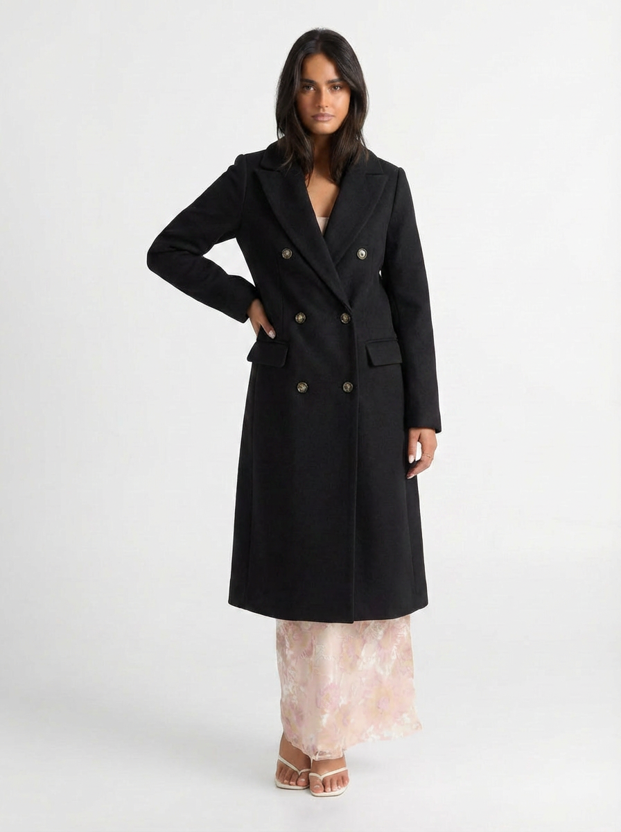 Greta | Women's Gray Notch Lapel Double Breasted Longline Coat 5
