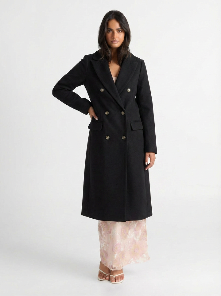 Greta | Women's Gray Notch Lapel Double Breasted Longline Coat 5