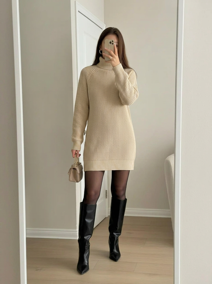 Hazel | Women's Knit Winter Dress Turtleneck Mini