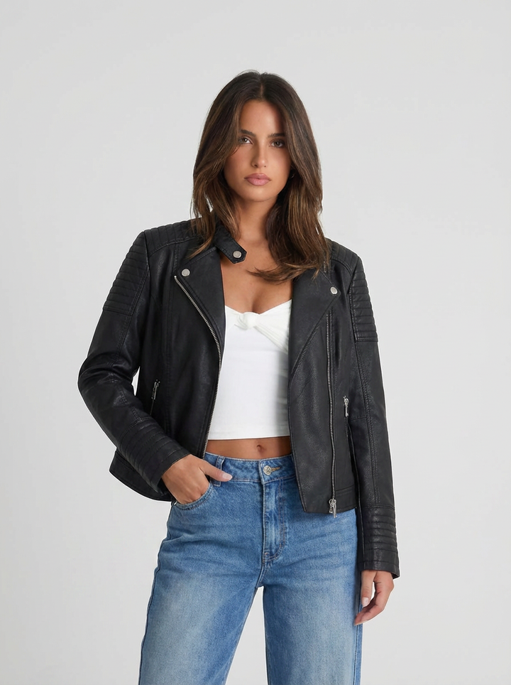 Heather| Women's Black Leather Jacket Cropped