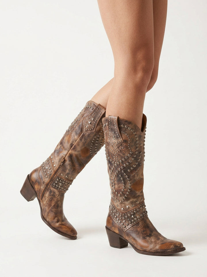 Isla | Women's High-Cut Boots Studded Western Block Heel