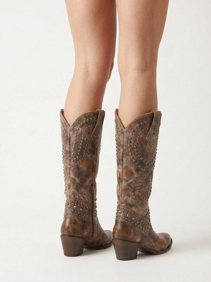 Isla | Women's High-Cut Boots Studded Western Block Heel
