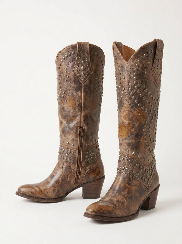 Isla | Women's High-Cut Boots Studded Western Block Heel