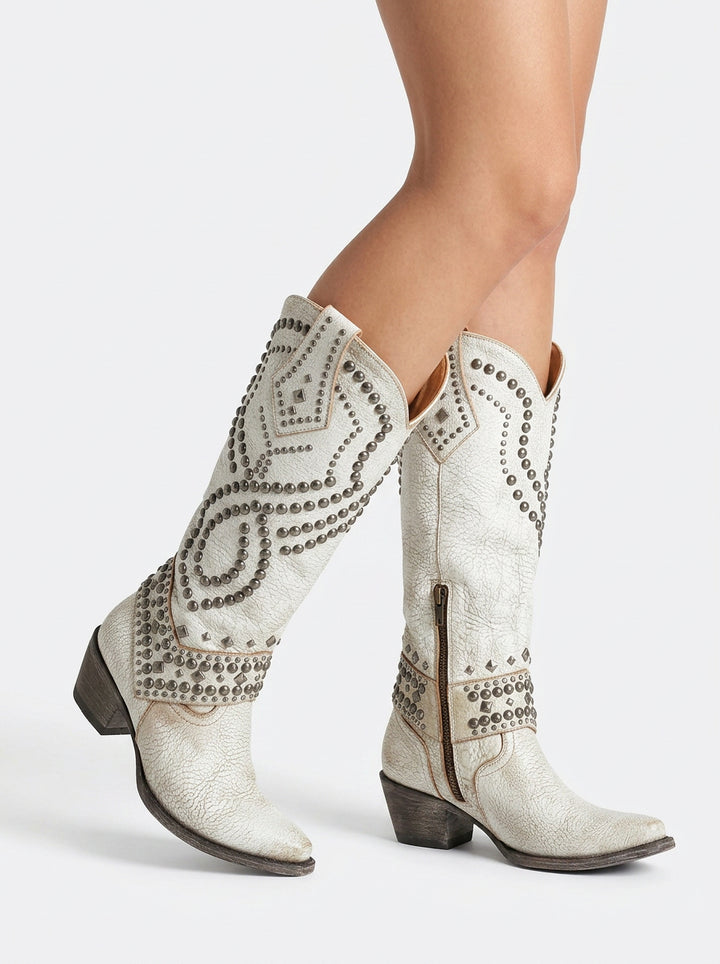 Isla | Women's High-Cut Boots Studded Western Block Heel