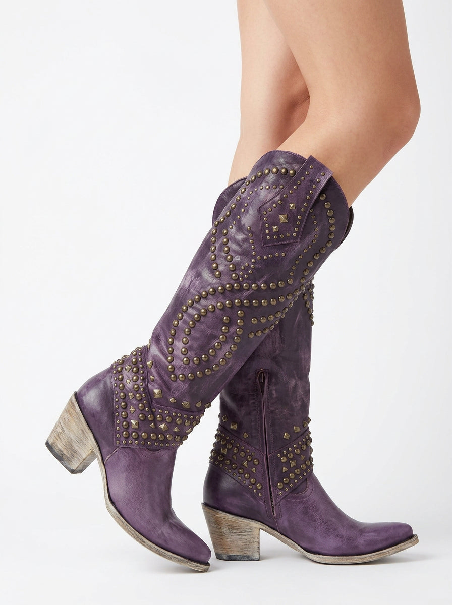 Isla | Women's High-Cut Boots Studded Western Block Heel