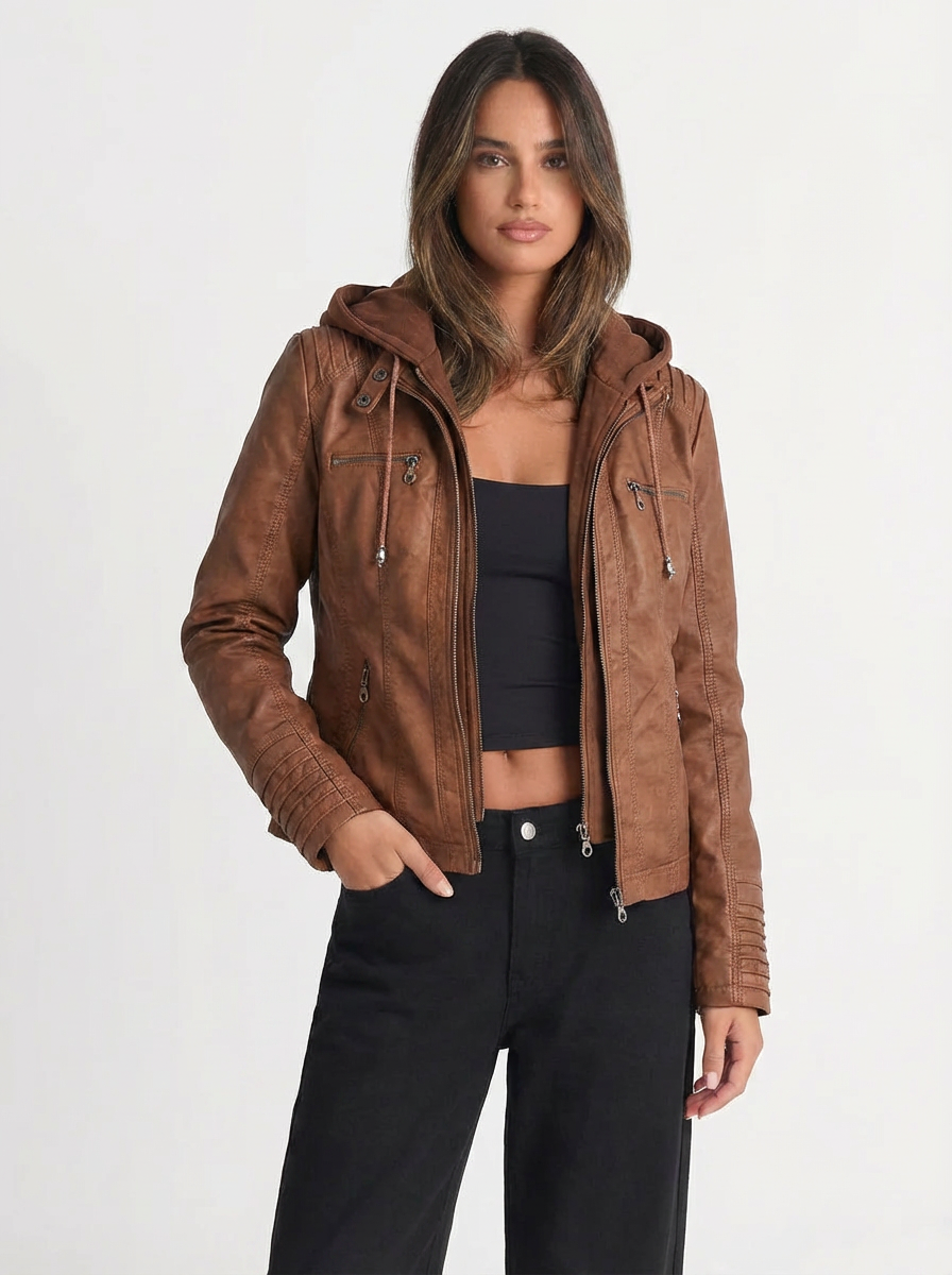 Jada | Women's Full Zip Faux Leather Hooded Moto Jacket 