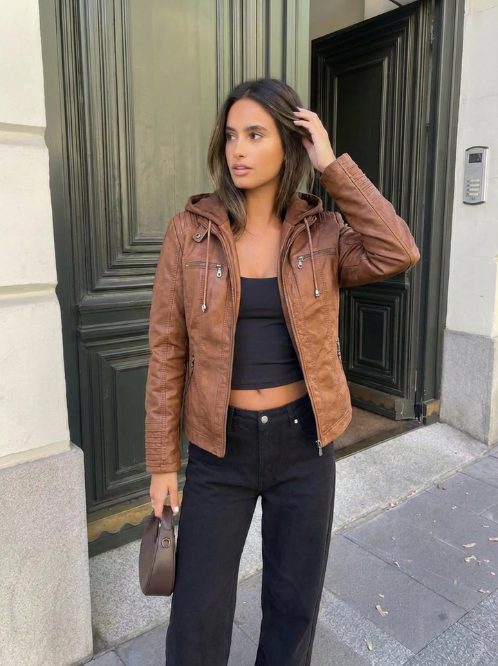Jada | Women's Full Zip Faux Leather Hooded Moto Jacket  1
