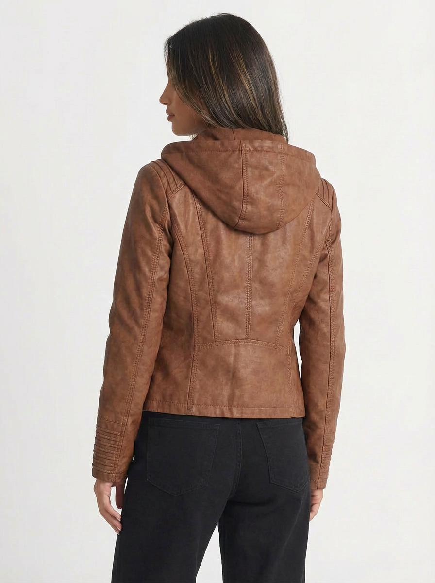 Jada | Women's Full Zip Faux Leather Hooded Moto Jacket  2