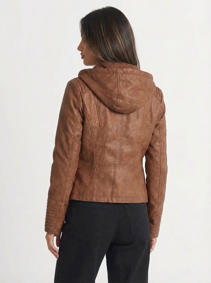 Jada | Women's Full Zip Faux Leather Hooded Moto Jacket  2