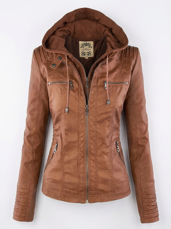 Jada | Women's Full Zip Faux Leather Hooded Moto Jacket  3