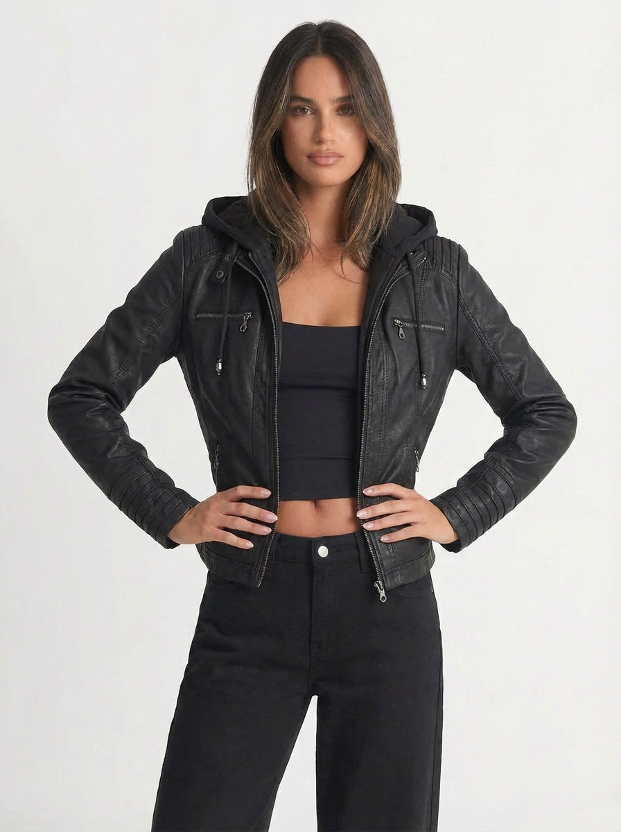 Jada | Women's Full Zip Faux Leather Hooded Moto Jacket  4