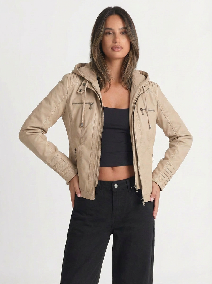 Jada | Women's Full Zip Faux Leather Hooded Moto Jacket  5