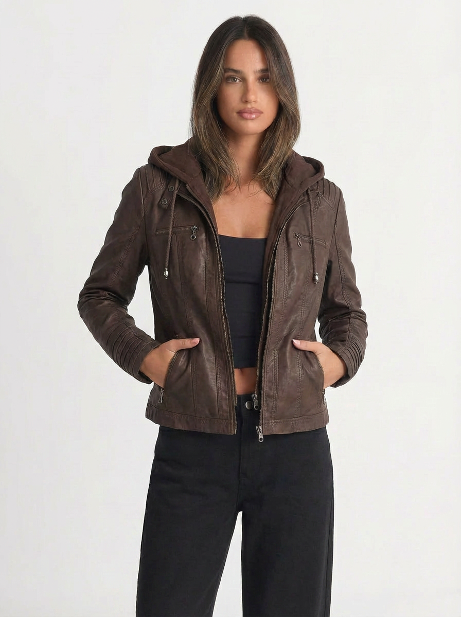 Jada | Women's Full Zip Faux Leather Hooded Moto Jacket  6