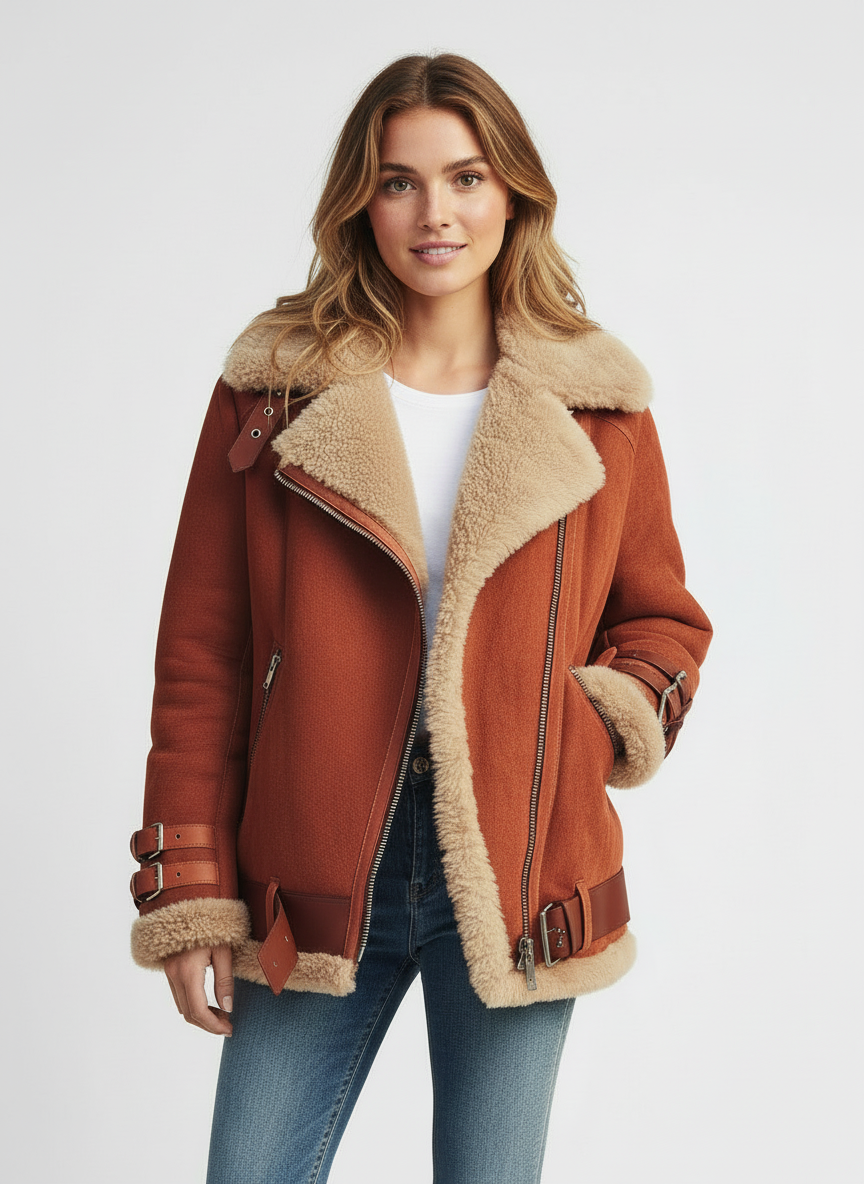 Jada | Women's Rust Shearling Lined Winter Biker Jacket