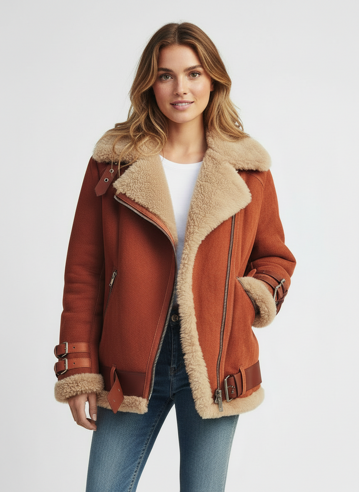 Jada | Women's Rust Shearling Lined Winter Biker Jacket