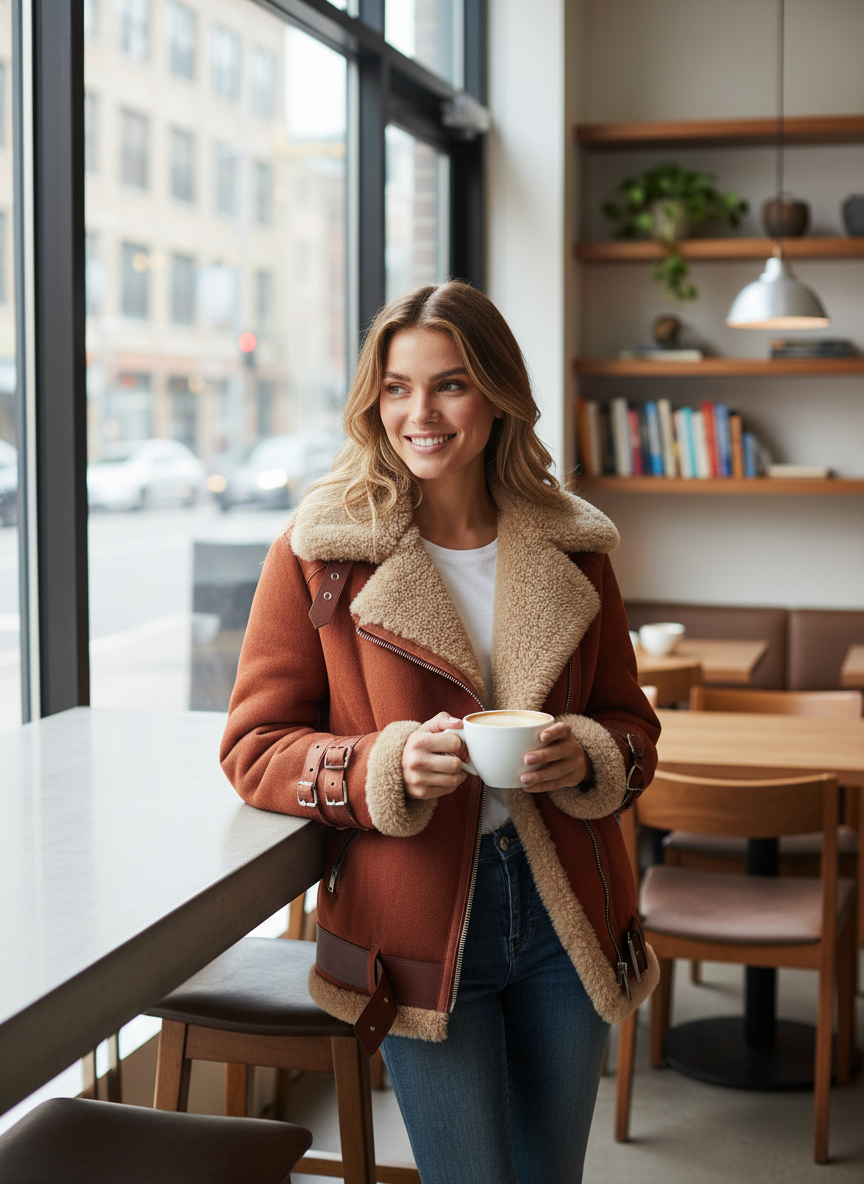 Jada | Women's Rust Shearling Lined Winter Biker Jacket 1