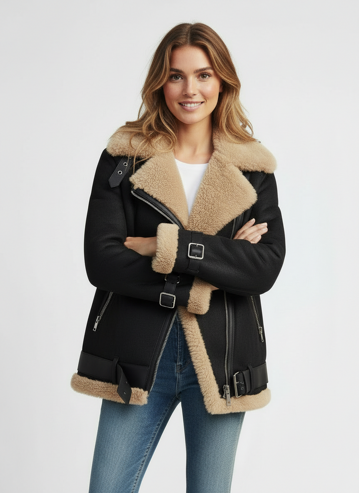 Jada | Women's Rust Shearling Lined Winter Biker Jacket 4