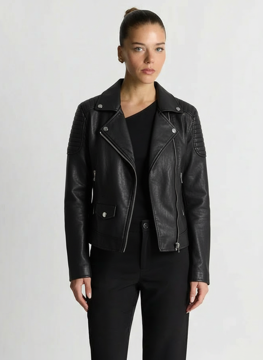 Jamie | Women's Black Faux Leather Biker Jacket Quilted Sleeve