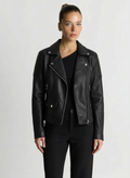 Jamie | Women's Black Faux Leather Biker Jacket Quilted Sleeve