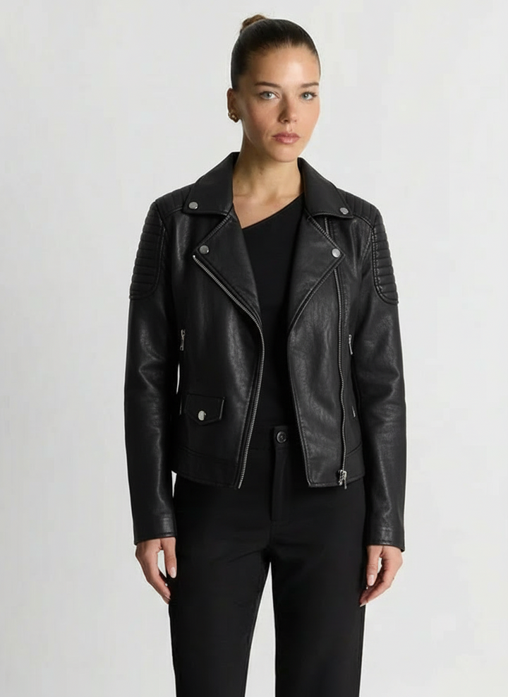 Jamie | Women's Black Faux Leather Biker Jacket Quilted Sleeve