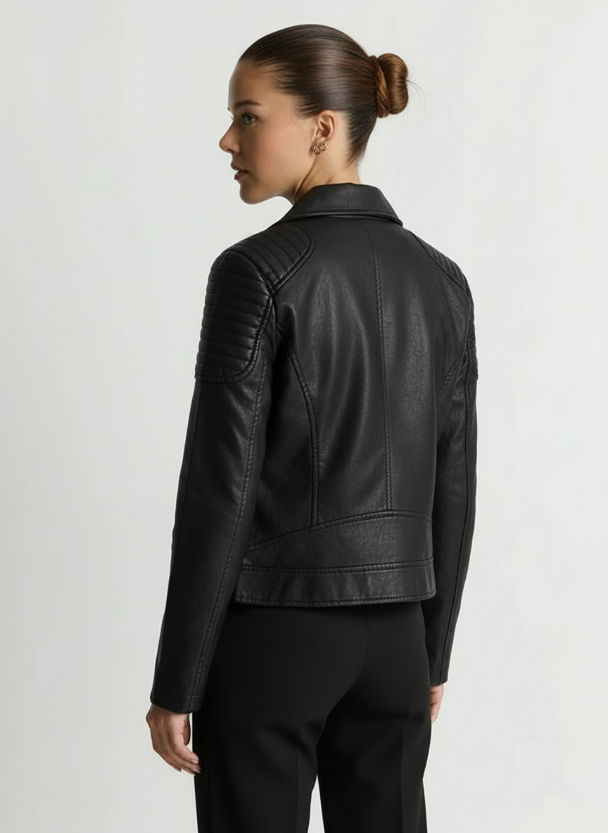 Jamie | Women's Black Faux Leather Biker Jacket Quilted Sleeve 2