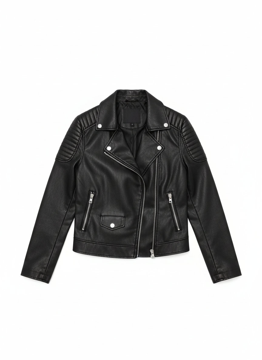 Jamie | Women's Black Faux Leather Biker Jacket Quilted Sleeve 3