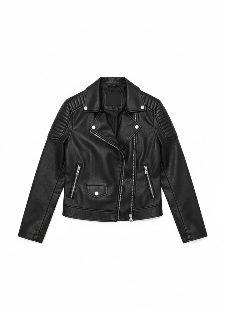 Jamie | Women's Black Faux Leather Biker Jacket Quilted Sleeve 3