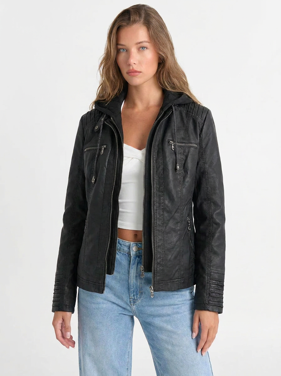 Jamie | Women's Black Full Zip Leather Hooded Biker Jacket
