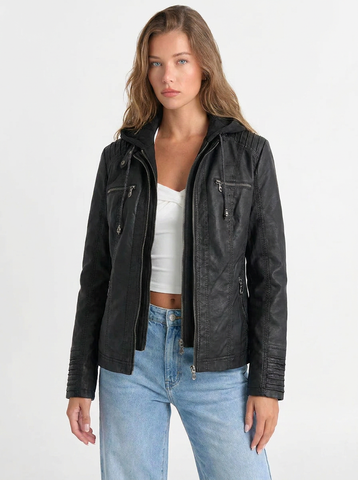 Jamie | Women's Black Full Zip Leather Hooded Biker Jacket