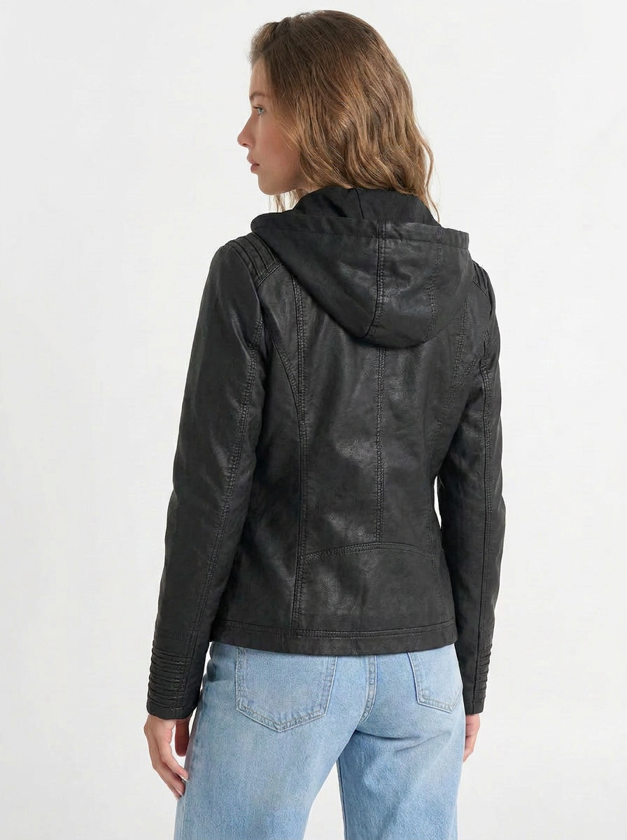 Jamie | Women's Black Full Zip Leather Hooded Biker Jacket 2