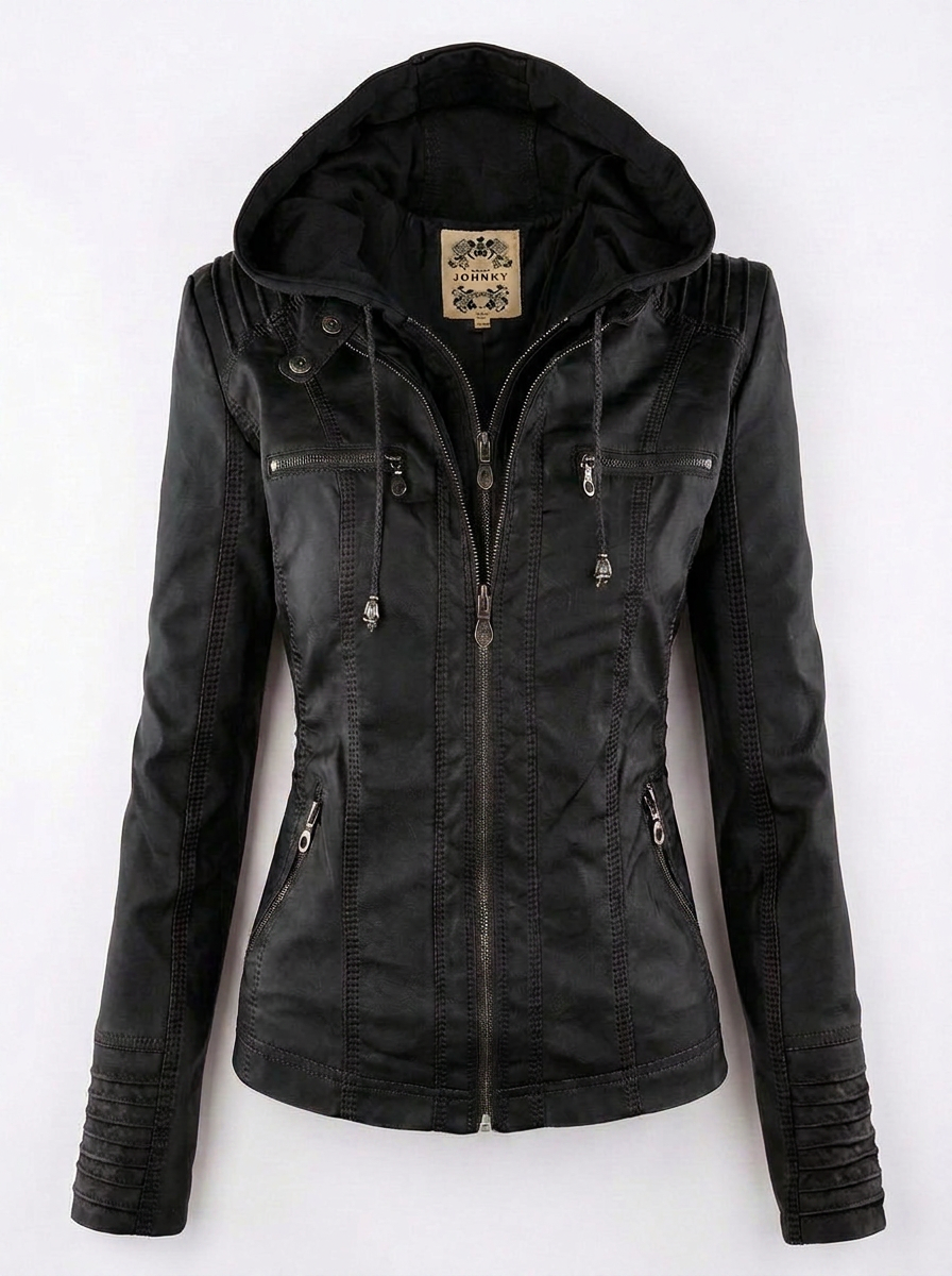 Jamie | Women's Black Full Zip Leather Hooded Biker Jacket 3