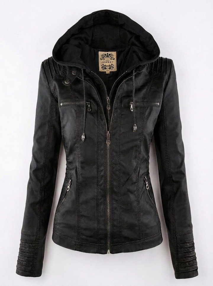 Jamie | Women's Black Full Zip Leather Hooded Biker Jacket 3