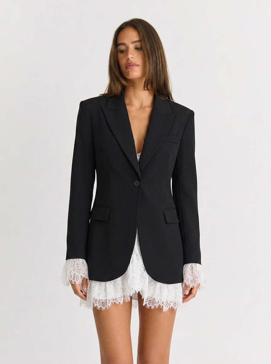 Janice | Women's Black Blazer Lace Trim Notch Lapel
