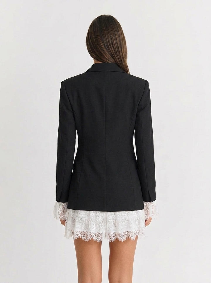 Janice | Women's Black Blazer Lace Trim Notch Lapel