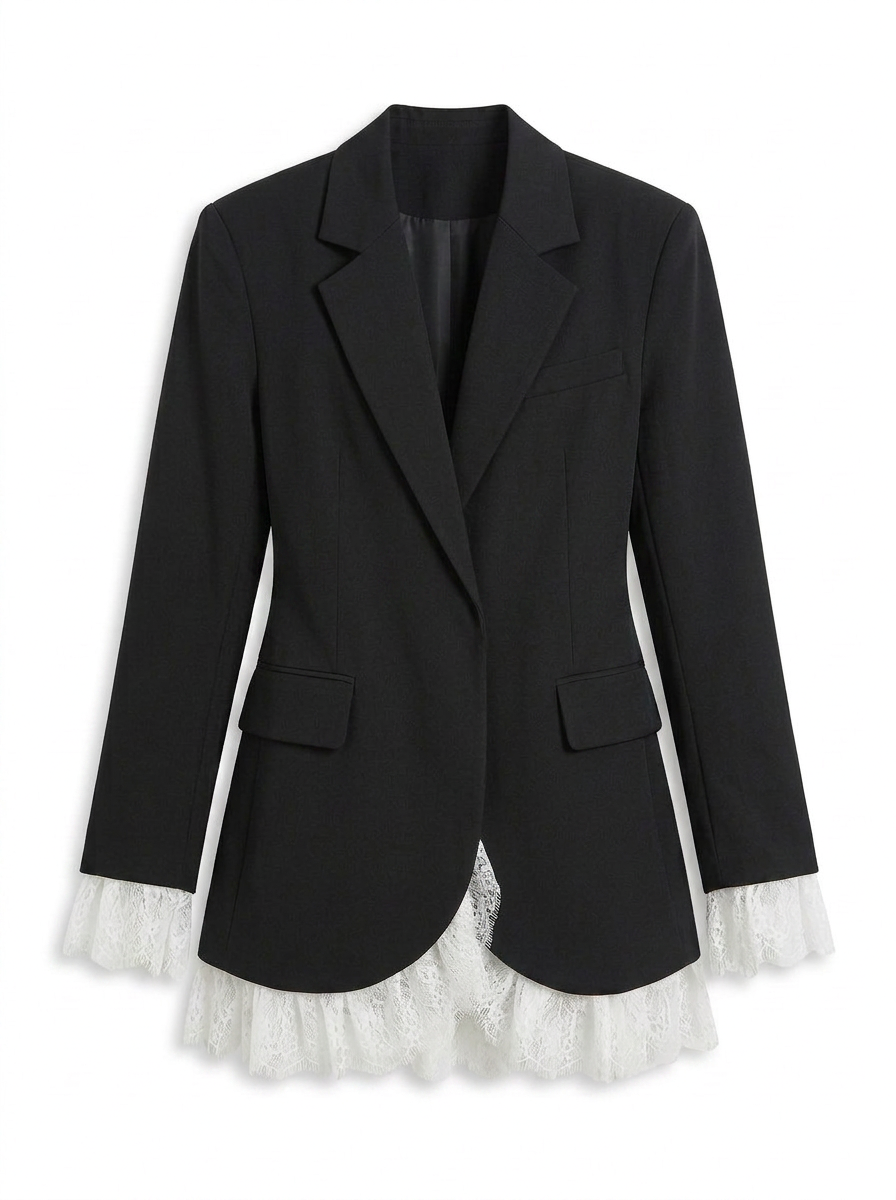 Janice | Women's Black Blazer Lace Trim Notch Lapel