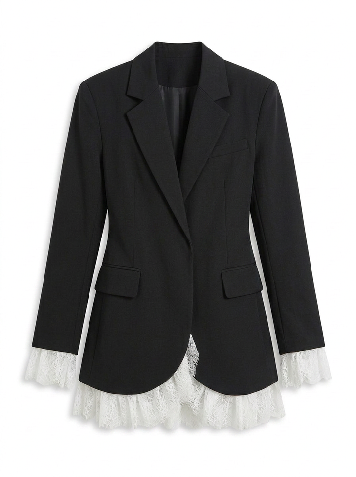 Janice | Women's Black Blazer Lace Trim Notch Lapel