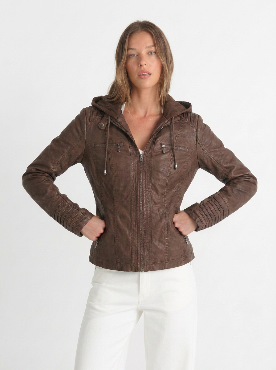 Jardine | Women's Brown Full Zip Leather Hooded Biker Jacket